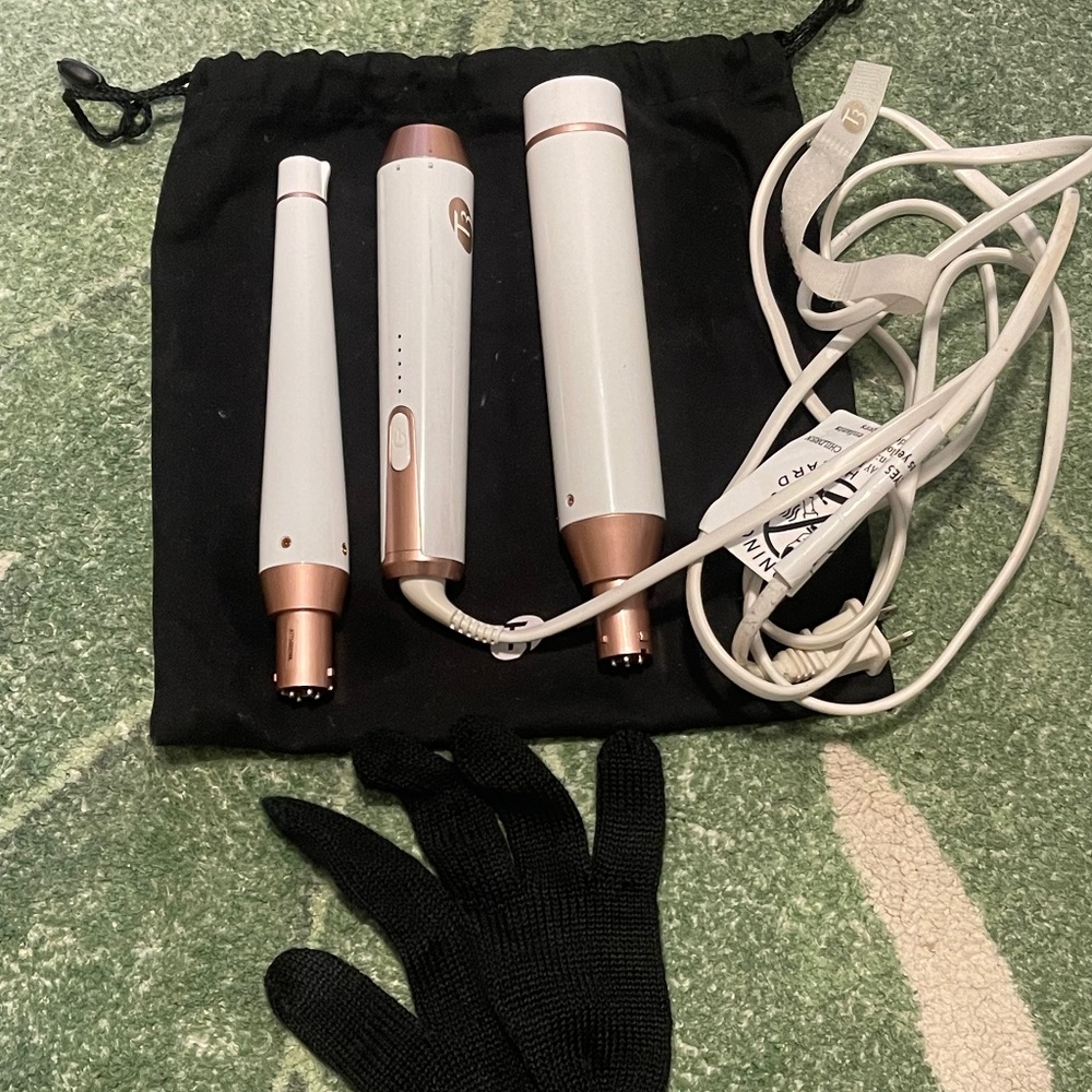 T3 interchangeable curling wand with barrels, bag, and glove